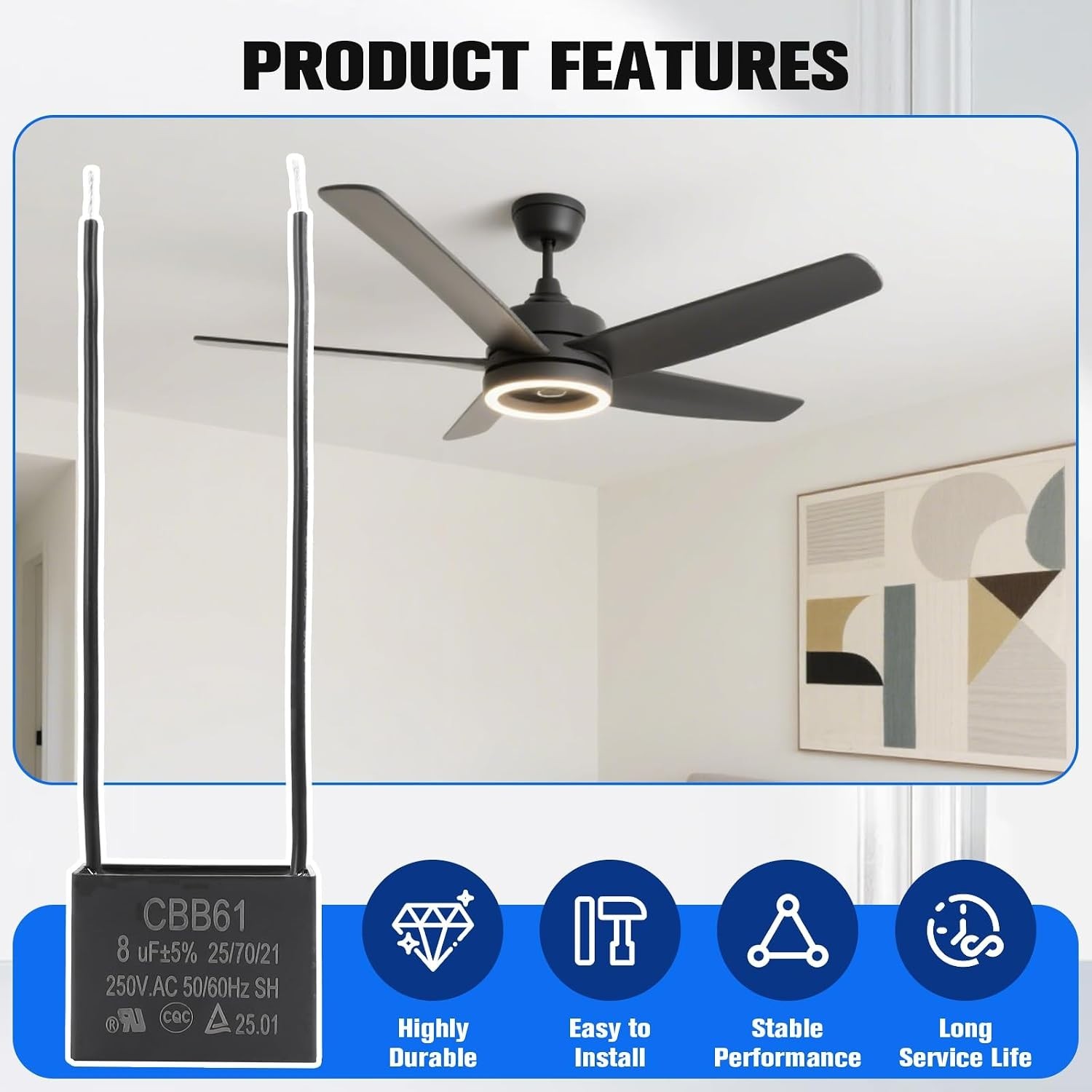 Durable 8uF 250VAC Ceiling Fan Capacitor - Rectangular Shape, High Performance