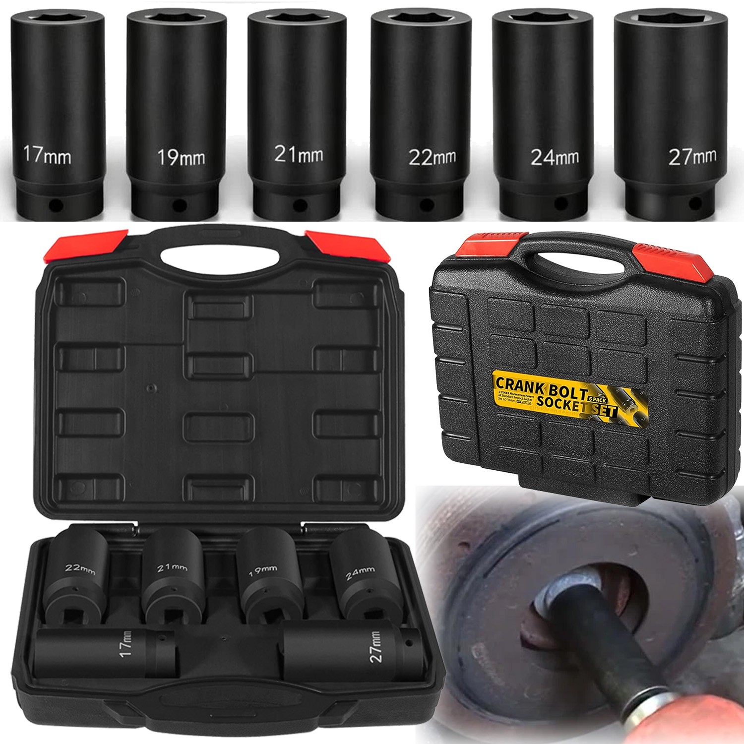 1/2’’ Drive Weighted Crank Bolt Socket Set, 17MM, 19MM, 21MM, 22MM, 24MM, 27MM