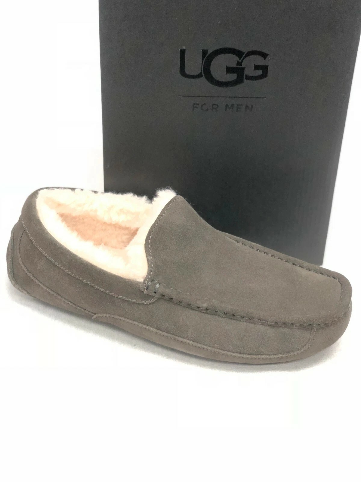 UGG Men's Ascot Slippers 1101110 Shoes Sheepskin Suede Charcoal Size 16