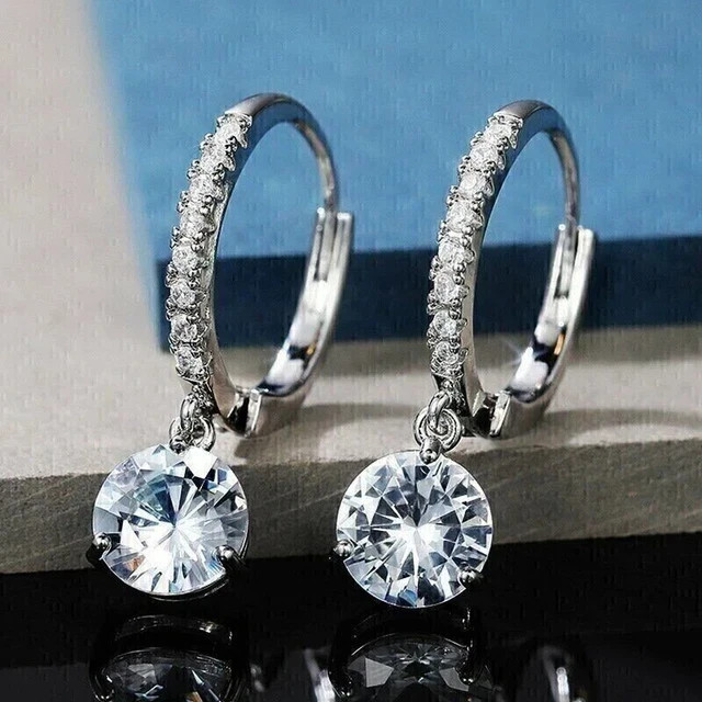 2.10CT Round Cut Lab-Created Diamond Drop Dangle Earrings 14K White Gold Plated