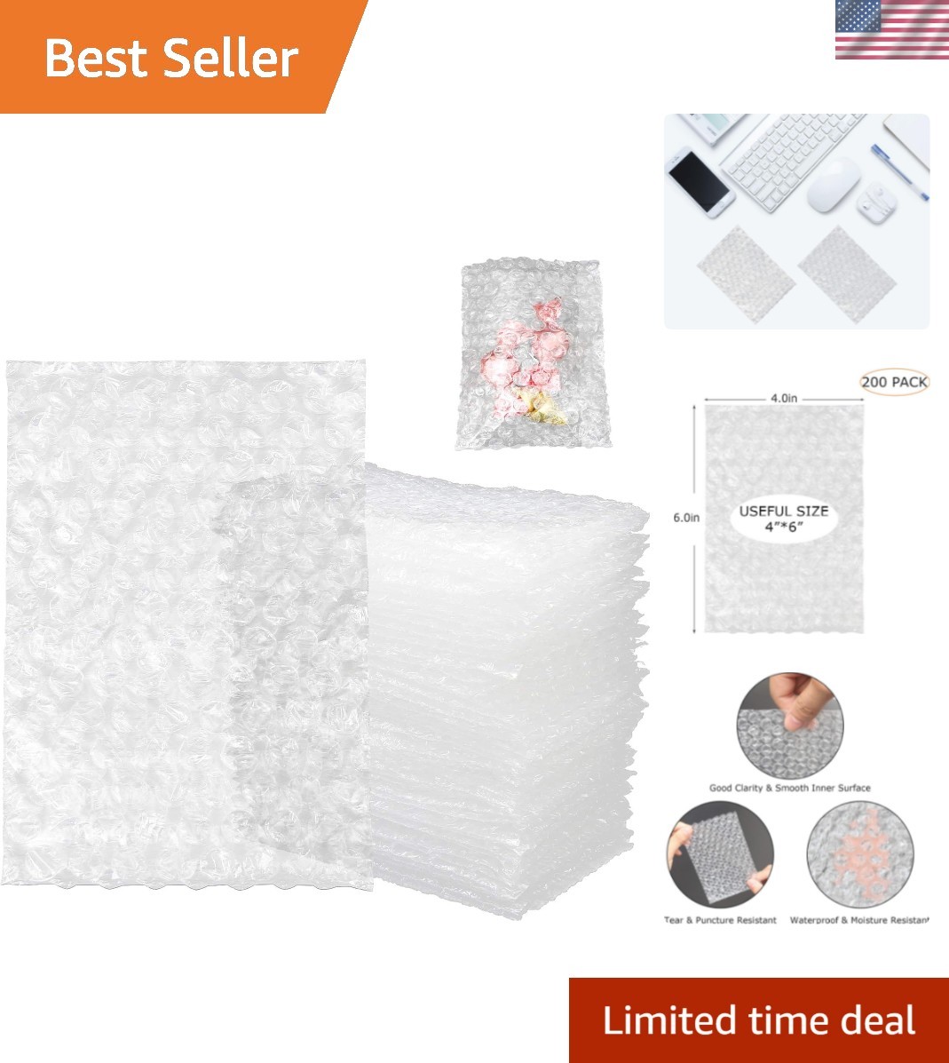200 Pack 4x6 Inch Bubble Cushion Wrap Bags for Shipping Packing Small Clear B...
