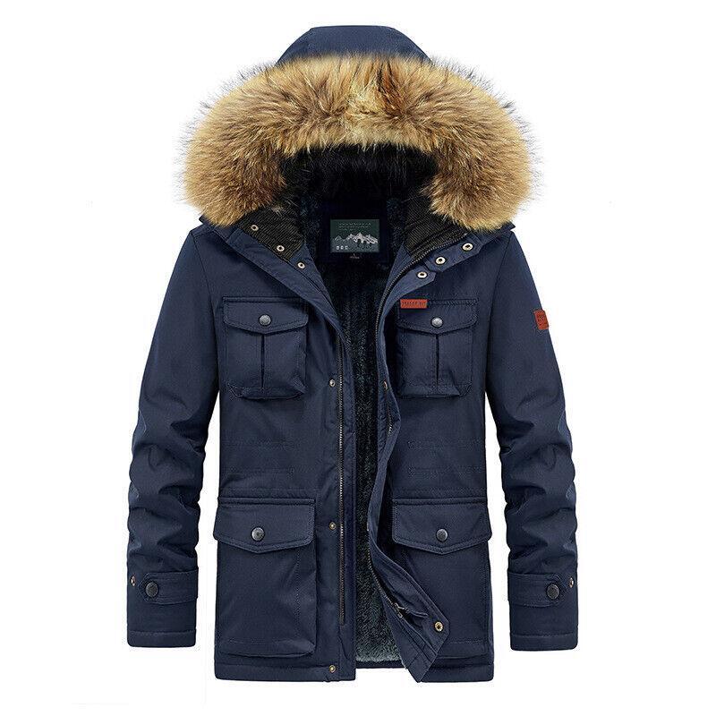 Men's Outdoor Winter Fleece Cotton Mid Length Hooded Jacket Casual Youth Thicken