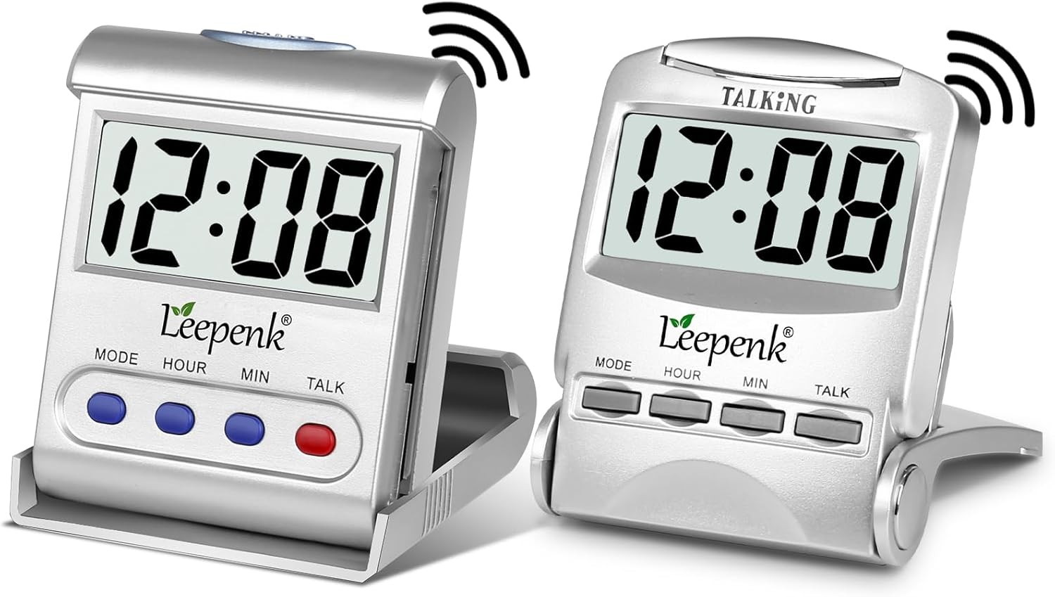 LEEPENK 2 Pack Talking Clocks for Blind Elderly,Hearing Impaired Alarm Silver