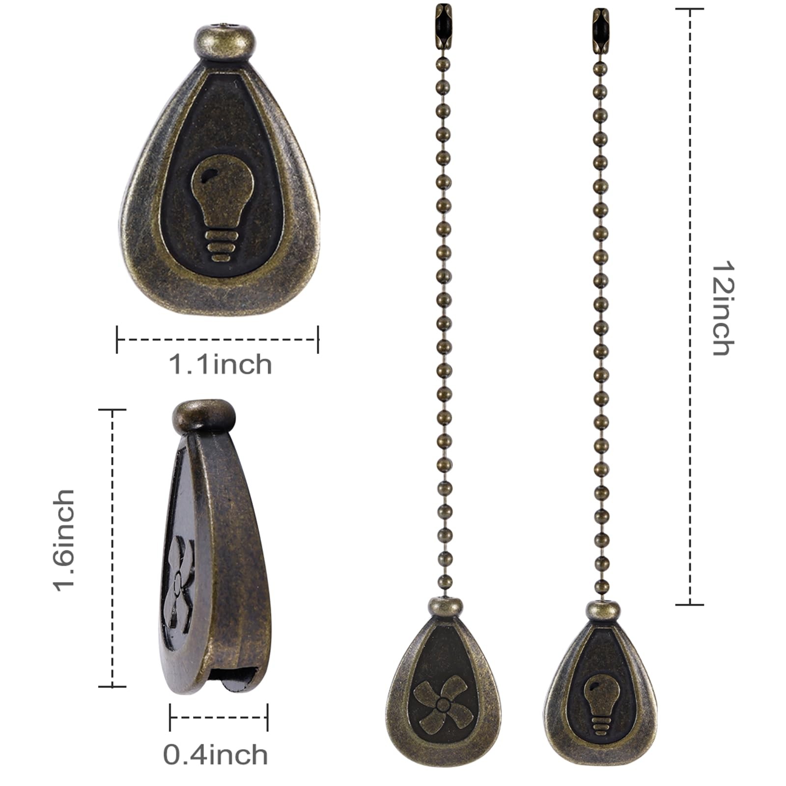 4 Pack Bronzed Ceiling Fan Pull Chain Extension, 12 Inches Classic Drop Shape...