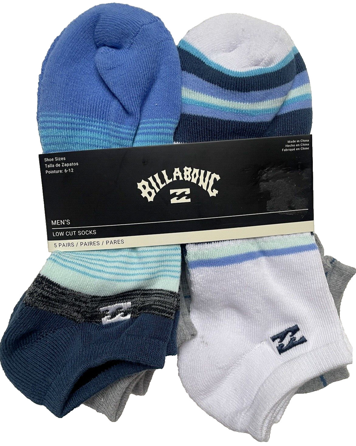 BILLABONG 5 Pair Men's Low Cut Socks BLUE WHITE GRAY Shoe Sizes 6-12 $24.95 NWT