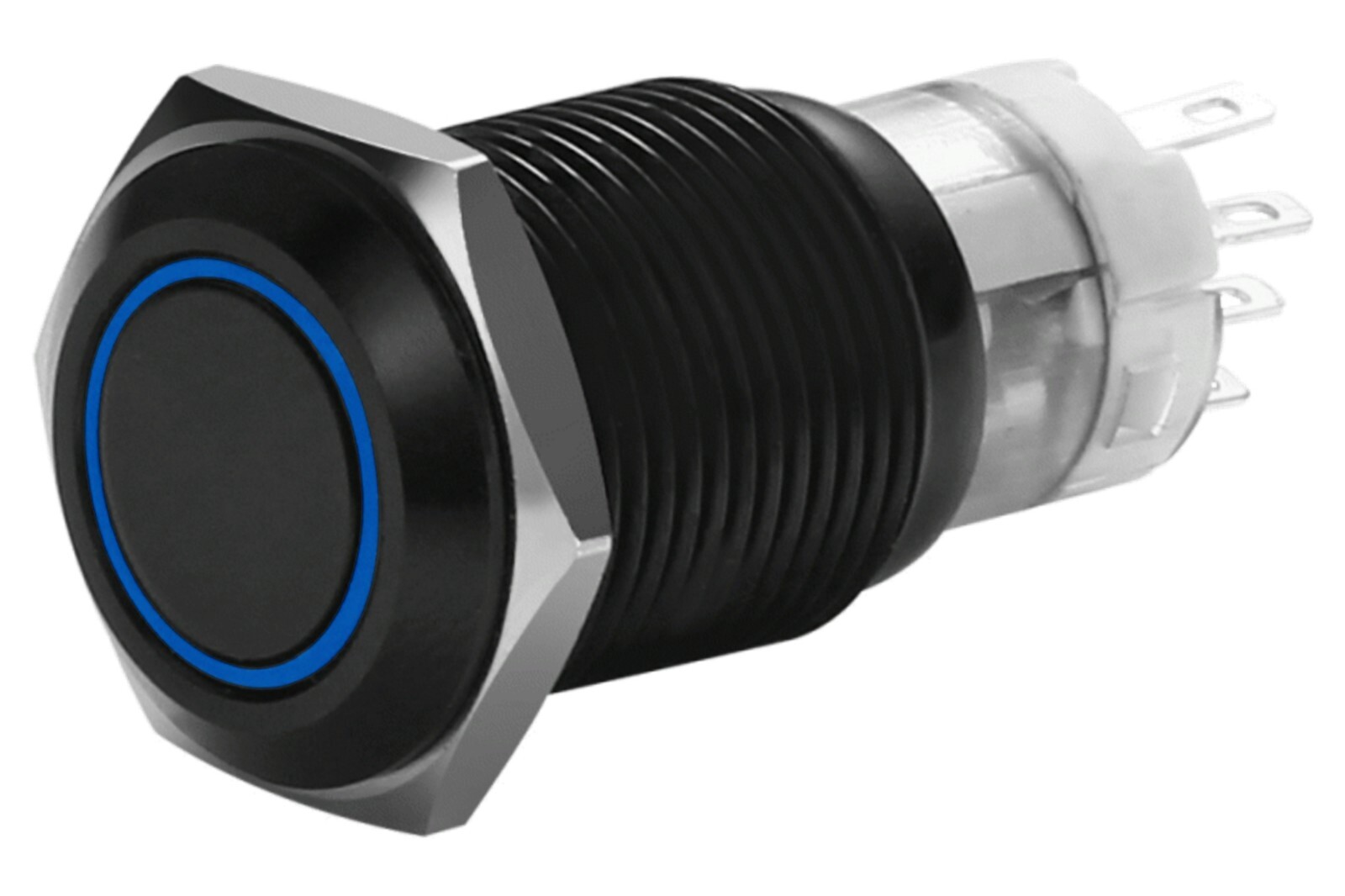 5/8" Black Momentary Stainless Steel Switch with Blue Halo Push Button 16mm 12V