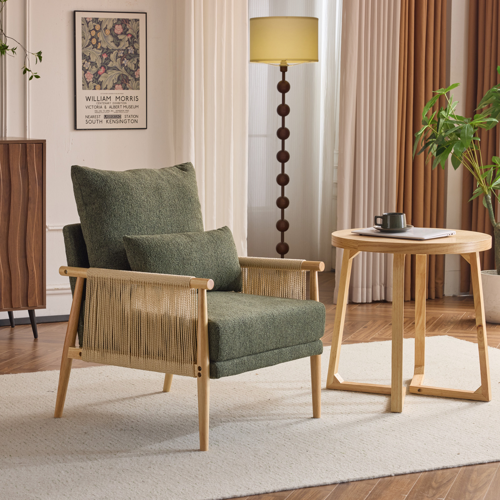 LEADZM Braid Accent Chair, Mid-Century Armchiar with Natural Oak Wooden Armrest