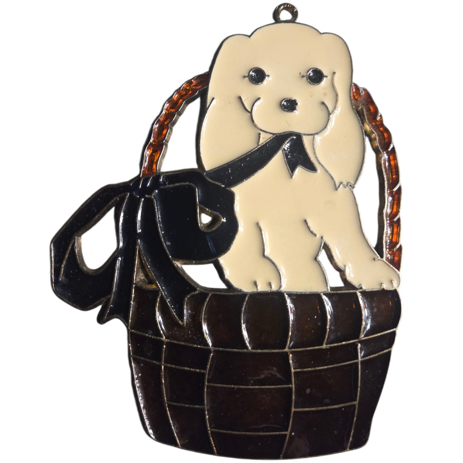 Vtg Cocker Spaniel Puppy Suncatcher 6" x 4.5" Dog In Basket Hanging Window Decor