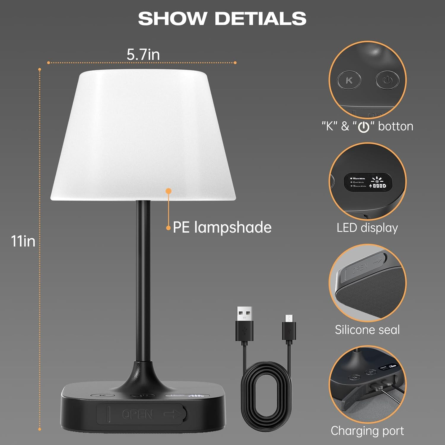 Outdoor Table Lamp, Shower Lamp with 8000Mah Cordless Rechargeable Battery, IP55