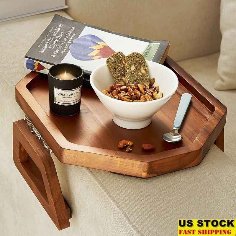 Wooden Sofa Tray Clip On Table Non-Slip Design Snacks Drinks Remote Holder New