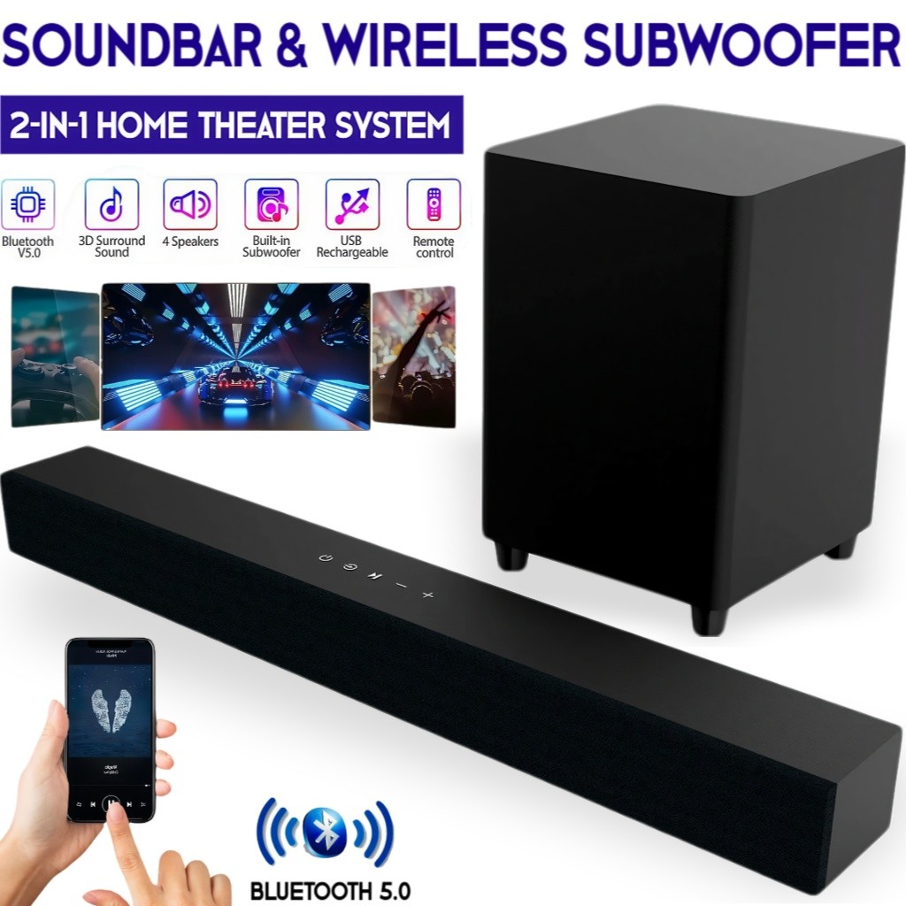60W 2.1 Soundbar Bluetooth Speaker with Subwoofer for TV PC Home Theater Karaoke