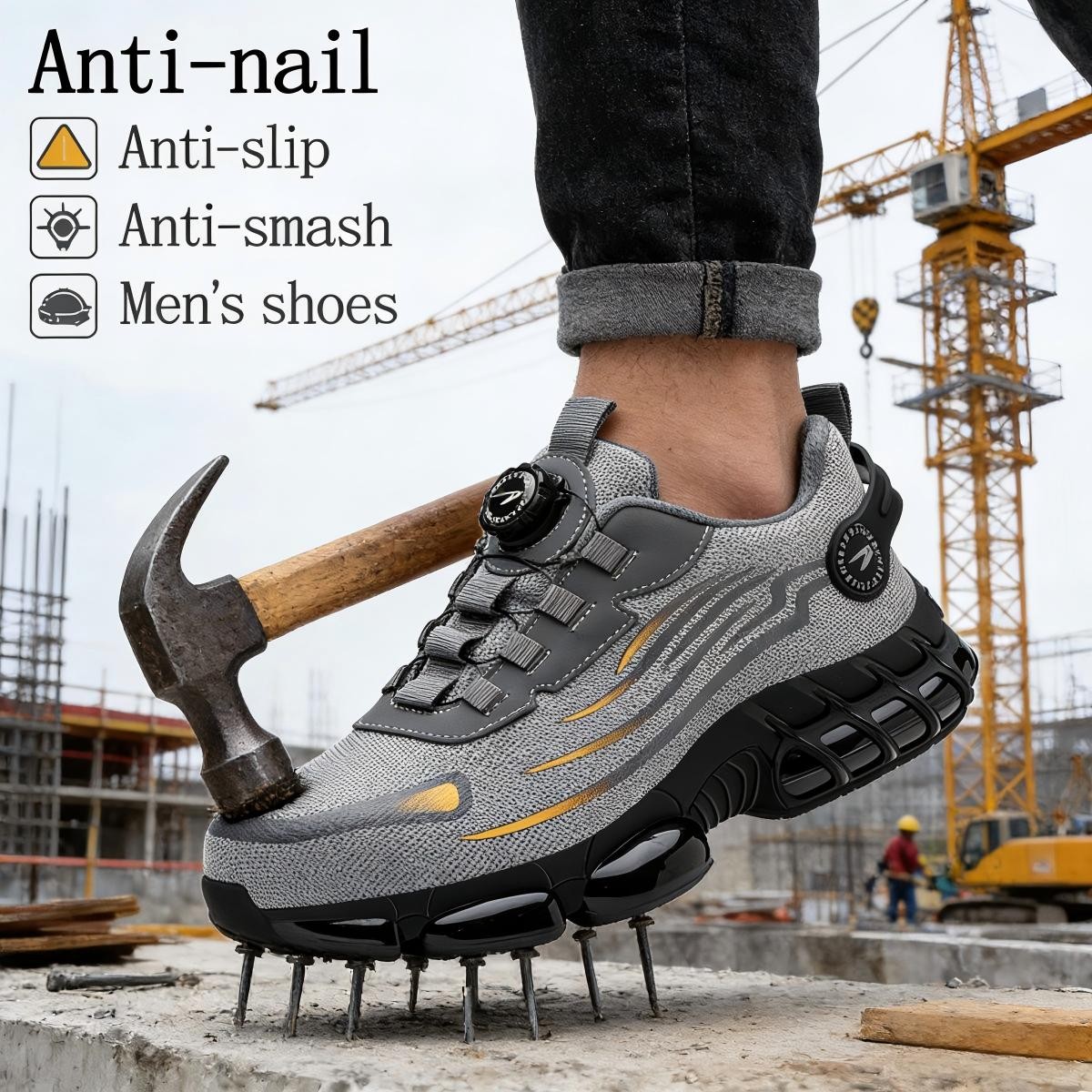 Men Work Safety Sneakers Steel Toe Protection, Rotating Button Lightweight Shoes