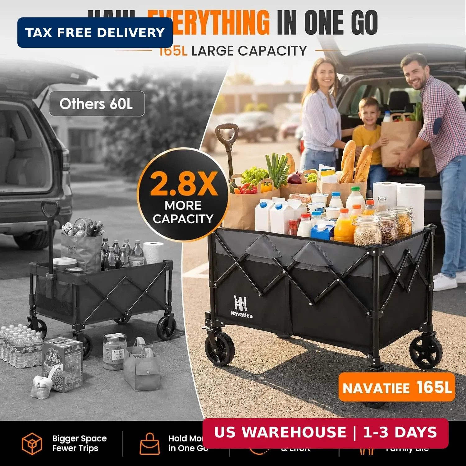 165L Collapsible Folding Wagon, Large Foldable Wagon with Silent All-Te