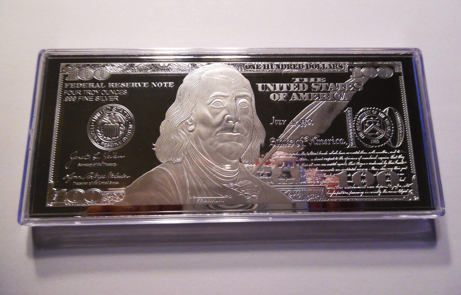 2026  DISCOUNTED $100 FRANKLIN  NOTE ~ 4oz  SILVER BAR + HARD CASE  ~ 2.5" x 6"