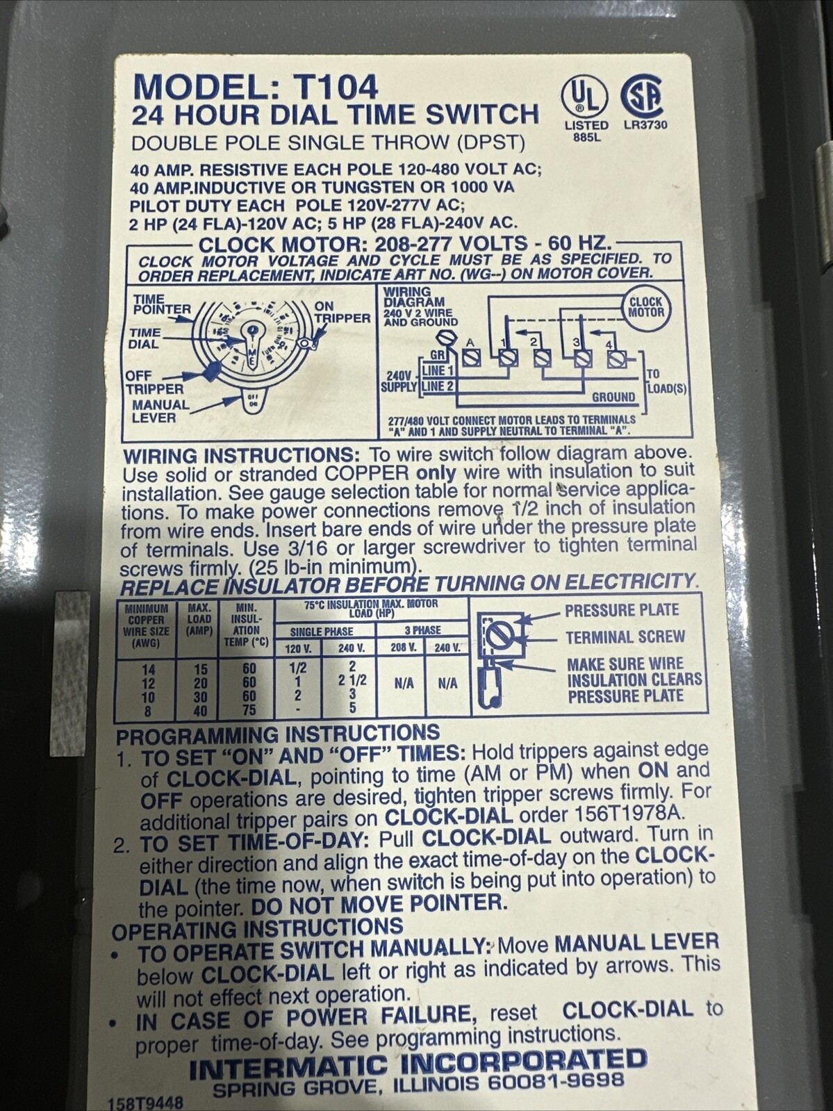 Intermatic T104 Electromechanical Timer 24 Hour Dpst