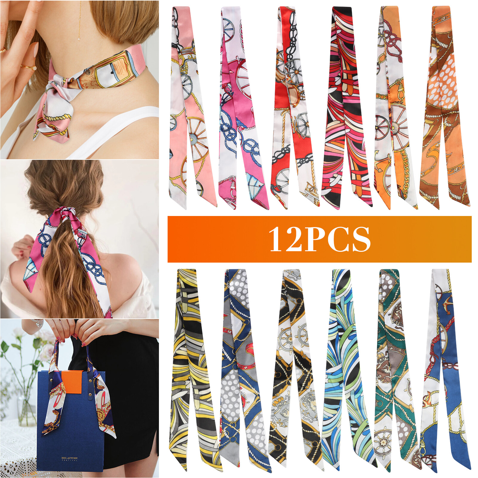 12pcs Women Satin Silk Scarf Scarves Wrap Tied Bag Handle Neck Hair Long Ribbon