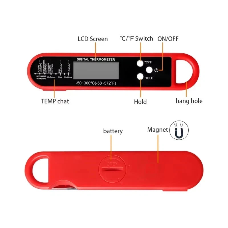 Foldable Digital Cooking Food Thermometer Probe Temperature Kitchen Meat BBQ