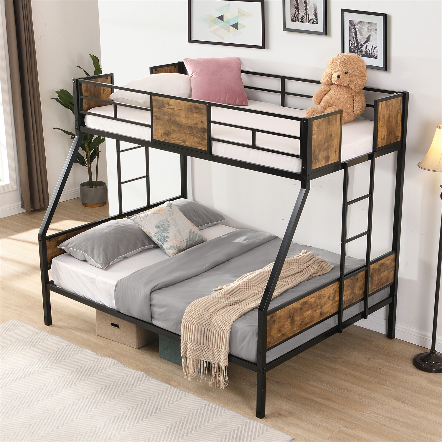 Twin Over Full Bunk Bed Heavy Duty Metal Bunk Bed Frame w/ 2 Ladder Black