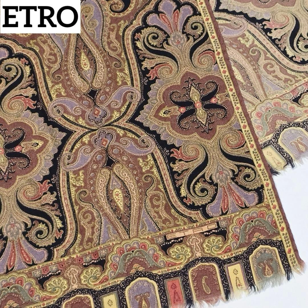 ETRO Brown Paisley Wool Silk Blend Scarf Stole 112x30cm - Auth