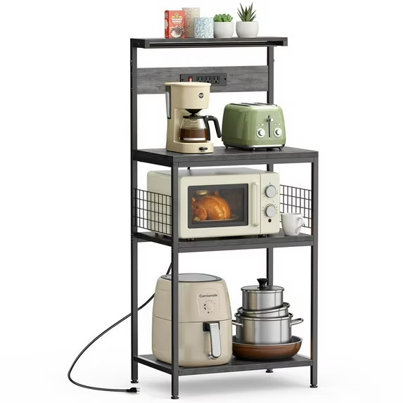 GIANNA Baker’s Rack with Power Outlet,4Tier Kitchen Coffee Bar & Microwave Stand