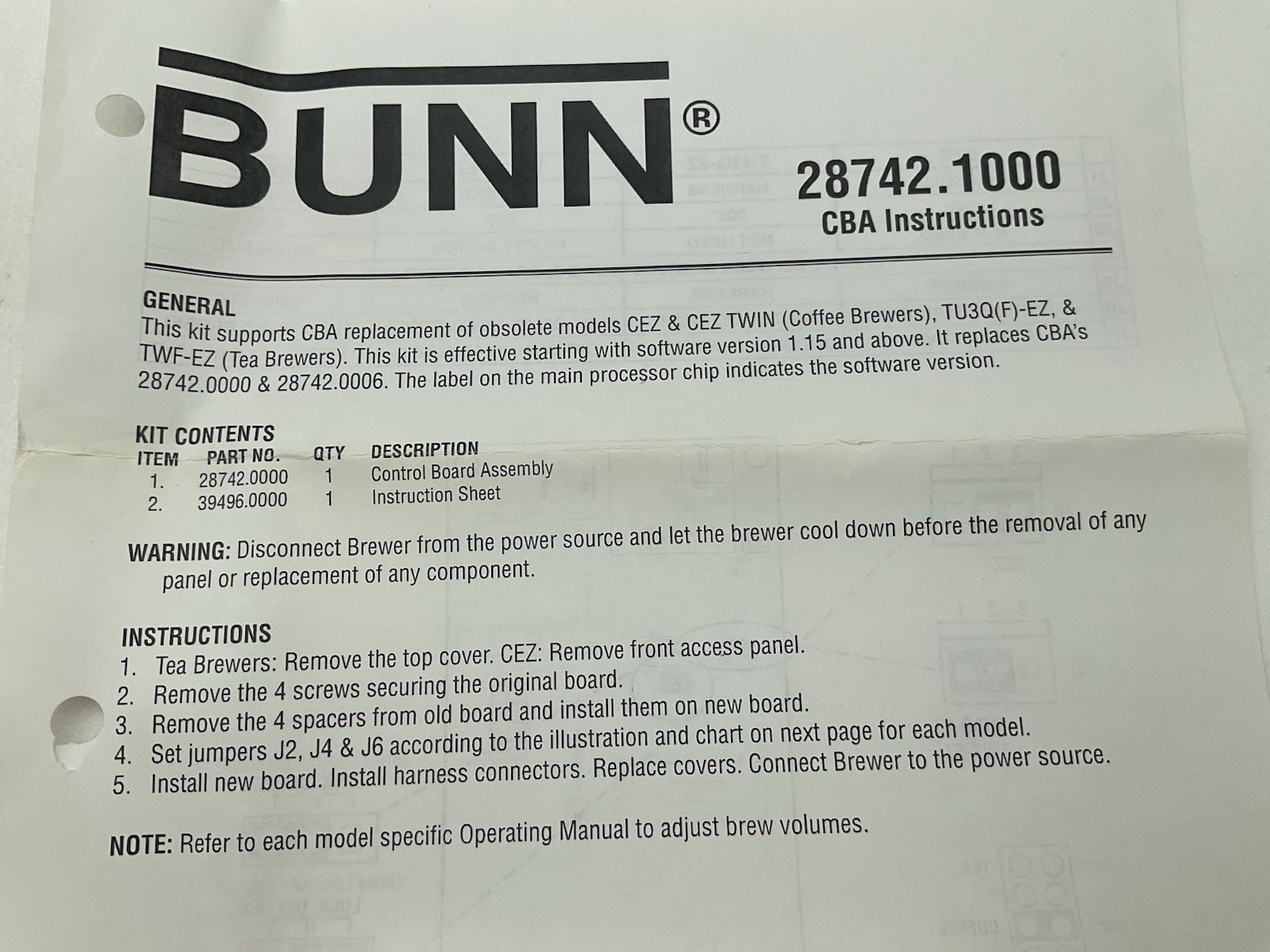 Bunn CBA Control 28742.1000 Coffee Tea Brewer Control Board