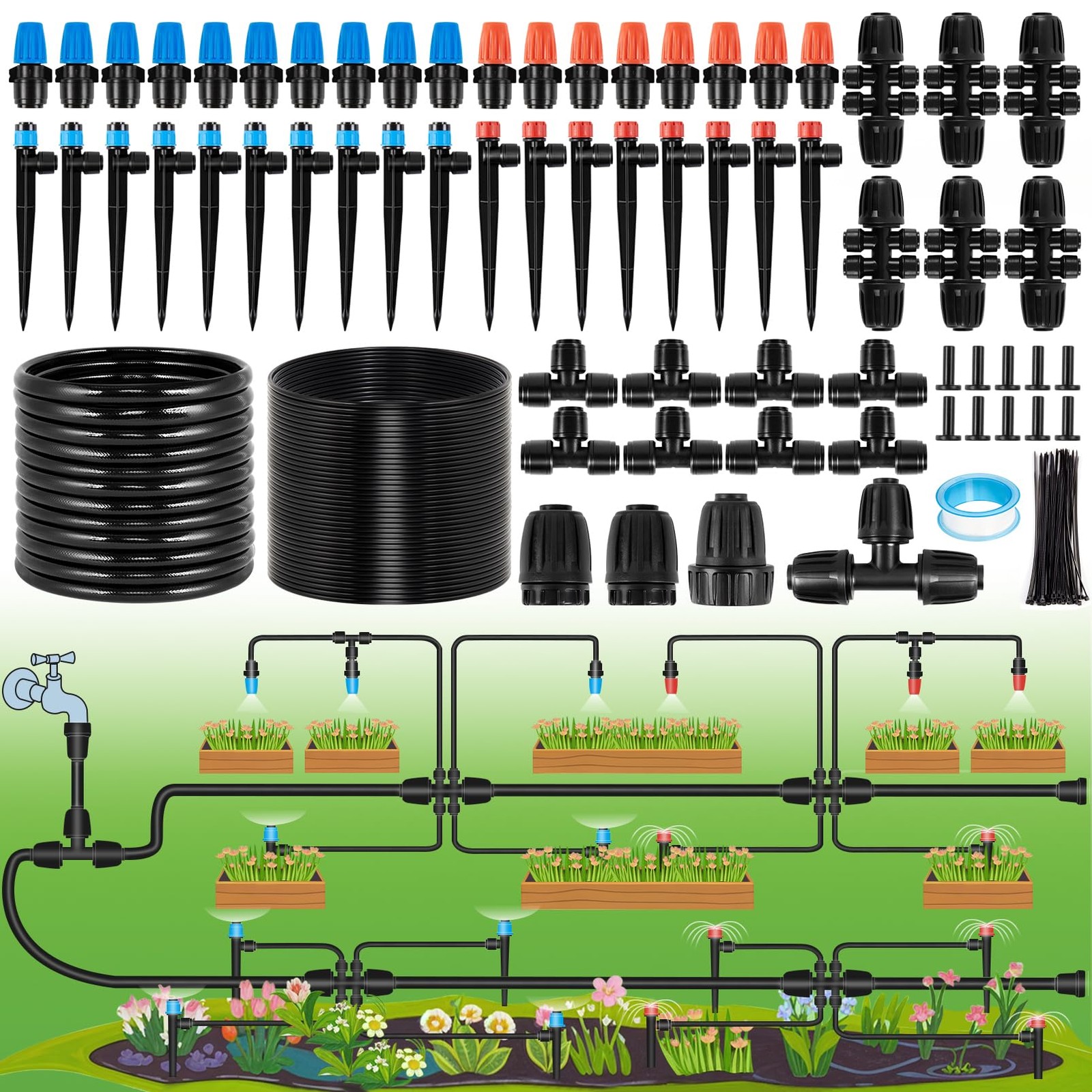 240FT Drip Irrigation System Kits 240FT:33FT Main tube+207FT 1/4 tube, BLACK