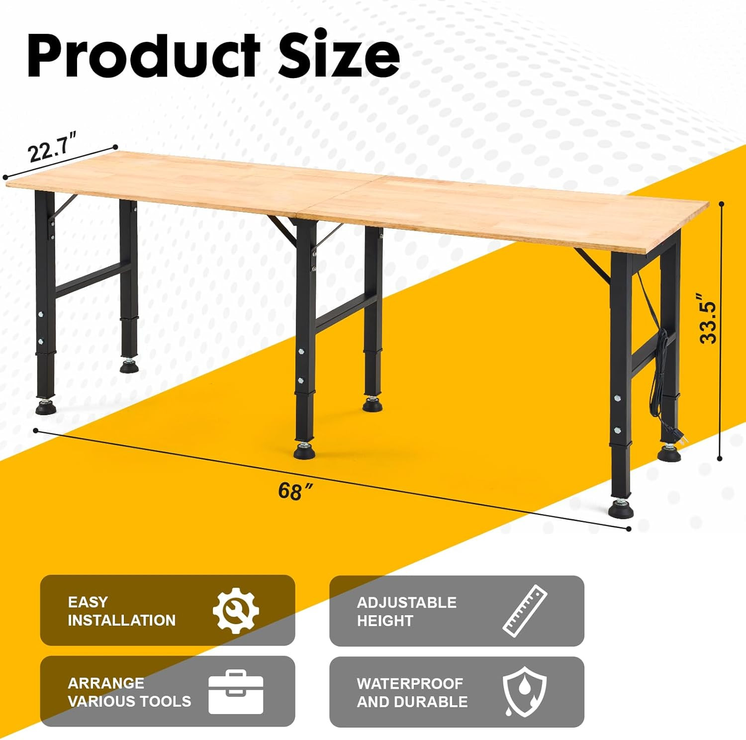 68'' Adjustable Workbench with Power Outlet, Heavy Duty Work Bench | 1500 LBS Lo