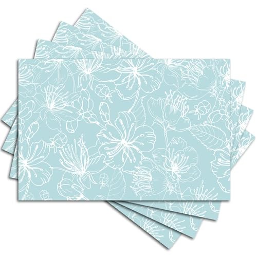 Carving Floral Design Linen Placemats Set of 4, Blue Flowers Washable Place