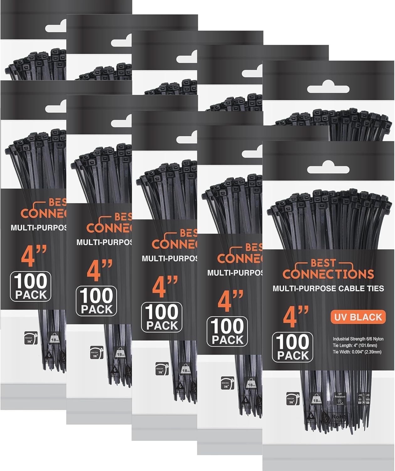 4" Multi-Purpose Self-Locking Nylon Cable Zip Ties 18lbs Tensile Strength Black