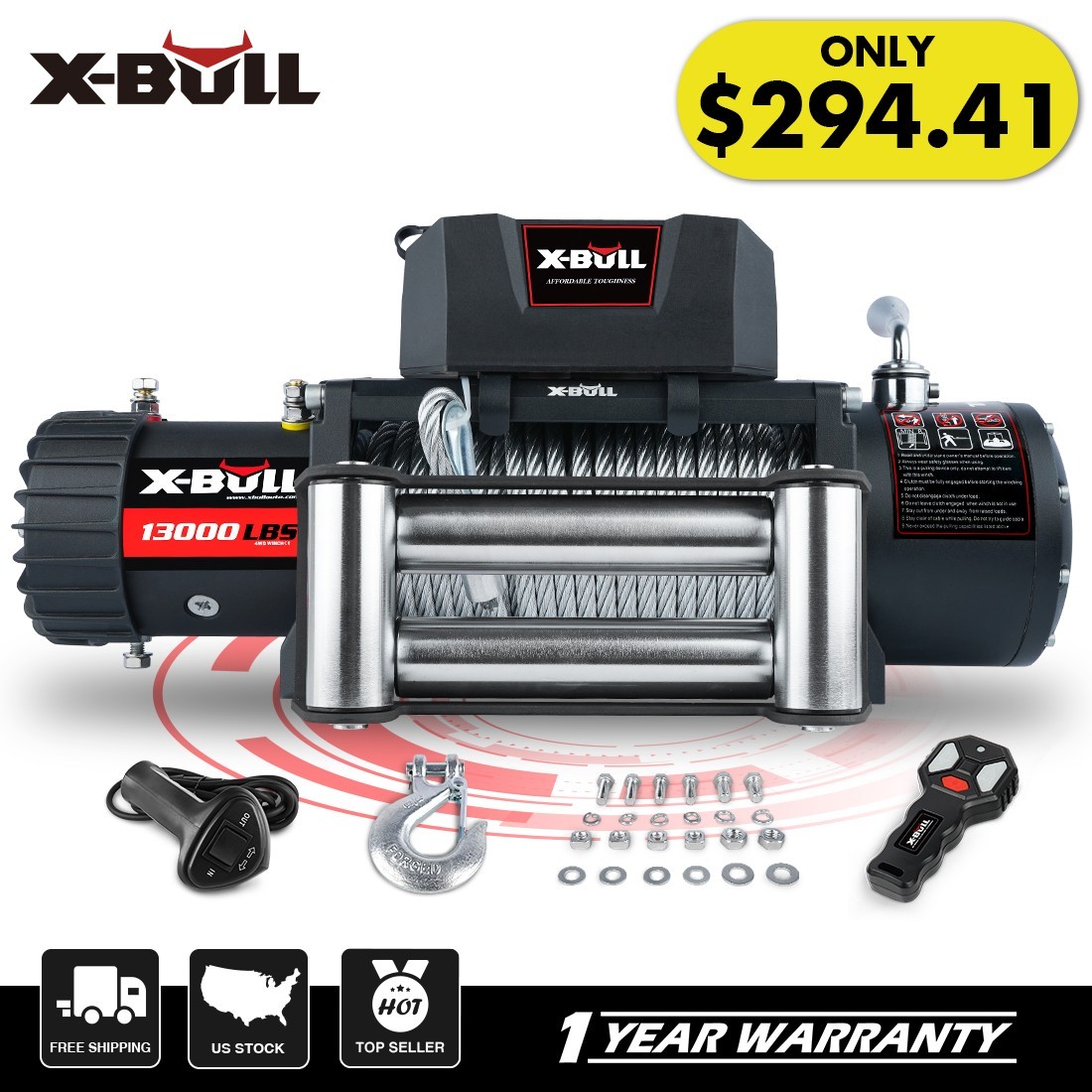X-BULL Electric Winch 13000lbs Steel Cable Trailer Towing Off-Road SUV Truck 4WD