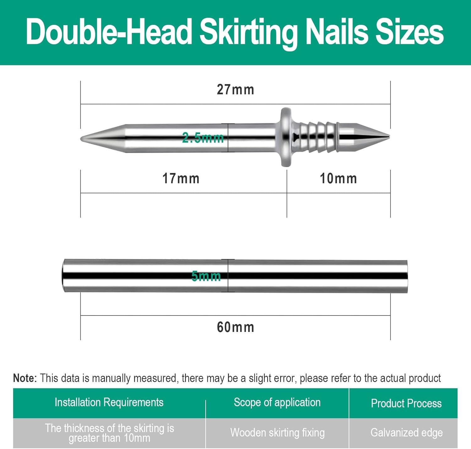 250 Pcs Double-Head Skirting Thread Seamless Nail, Double-Headed Silver
