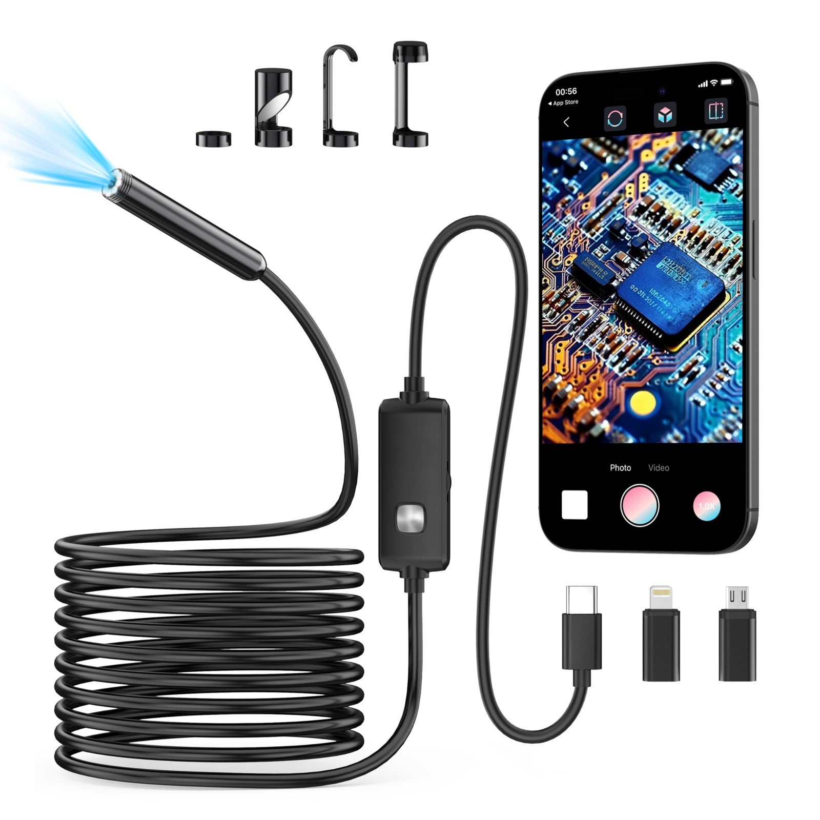 Endoscope Camera with Light,1920P HD Borescope with 8 Adjustable LED Lights, ...