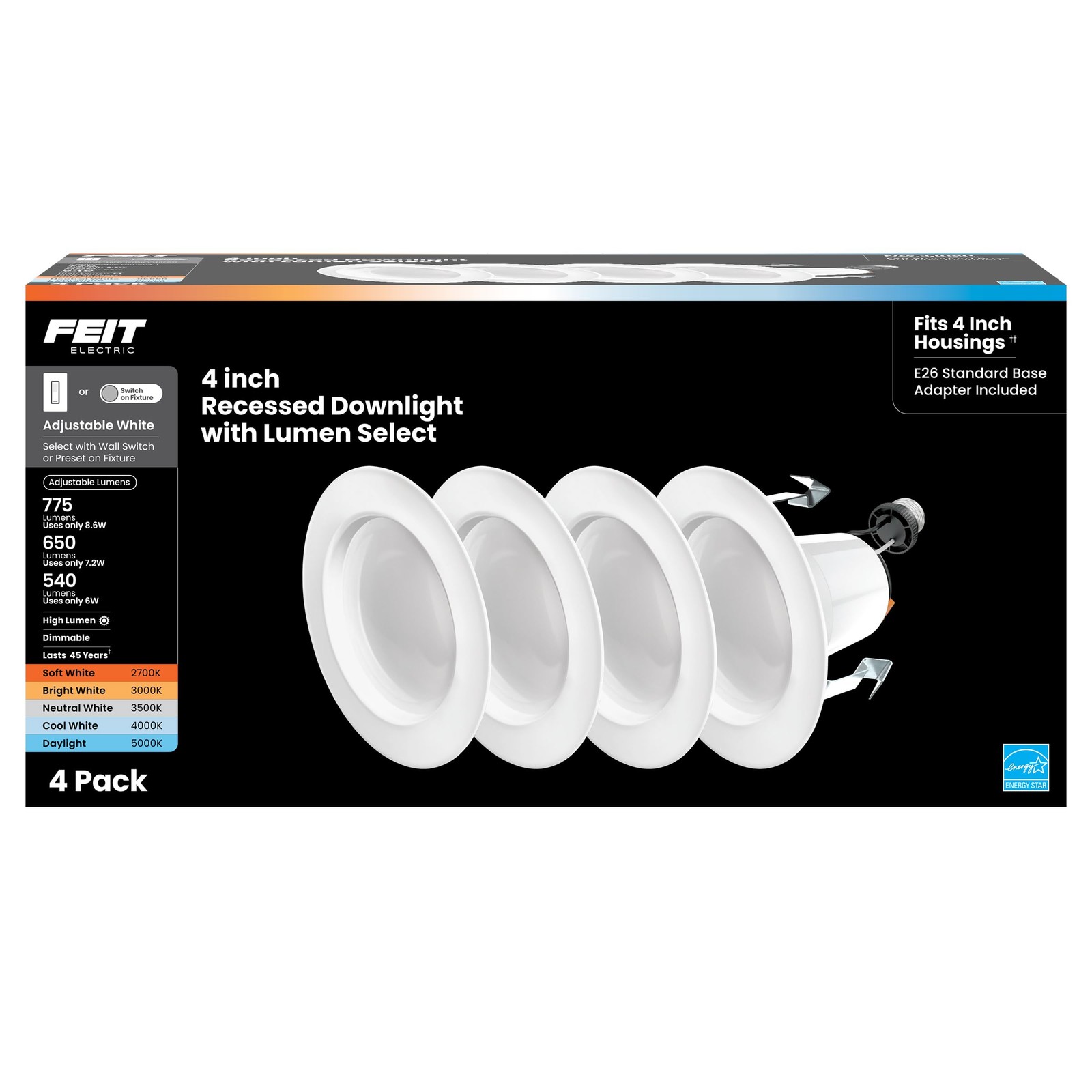 Feit Electric 4 Inch LED Recessed 4 Count (Pack of 1), 6Way Adjustable White