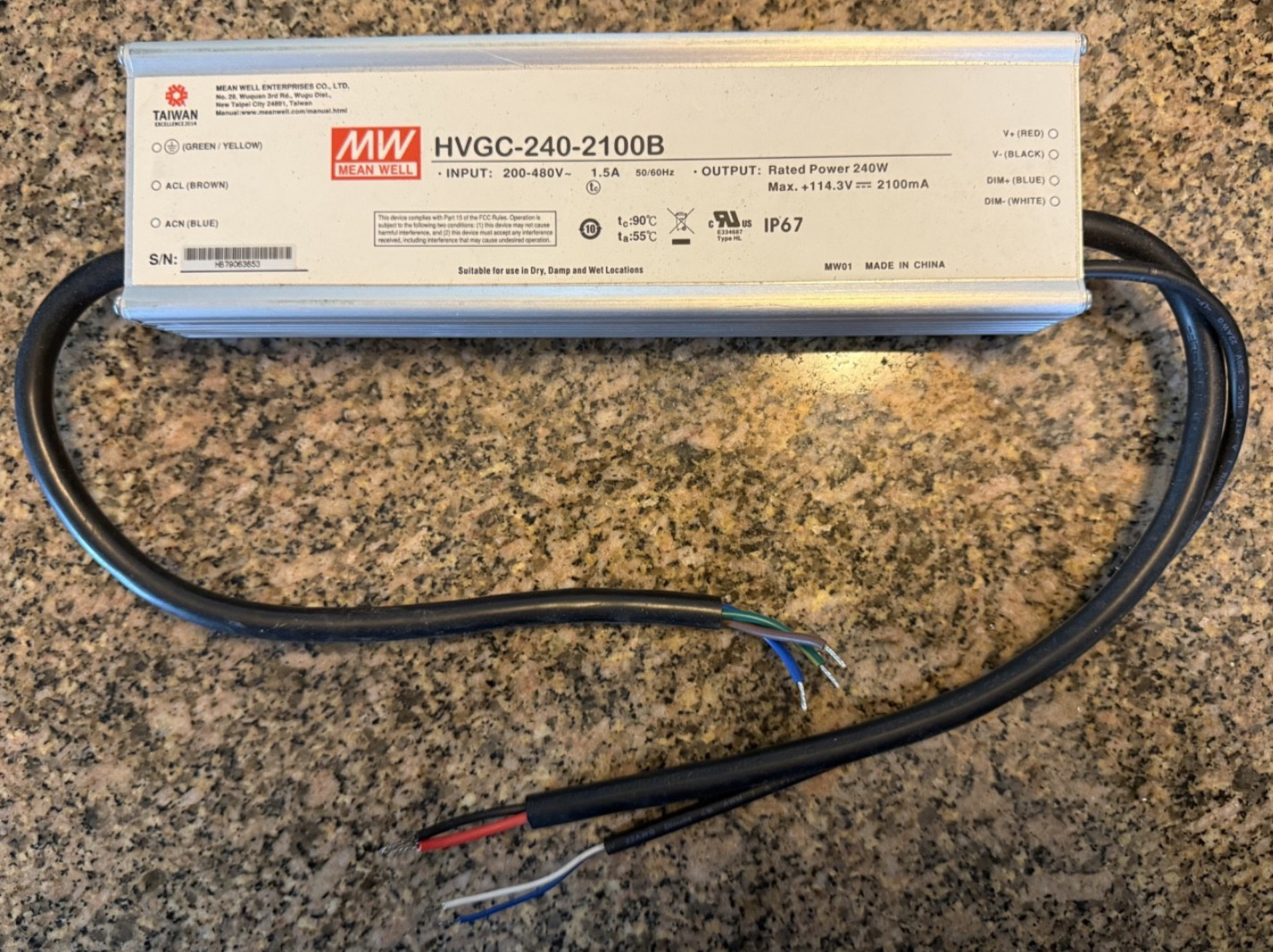 MEAN WELL HVGC-240-2100B LED Power Supply, 240W,  2100mA, 200-480V, AC/DC