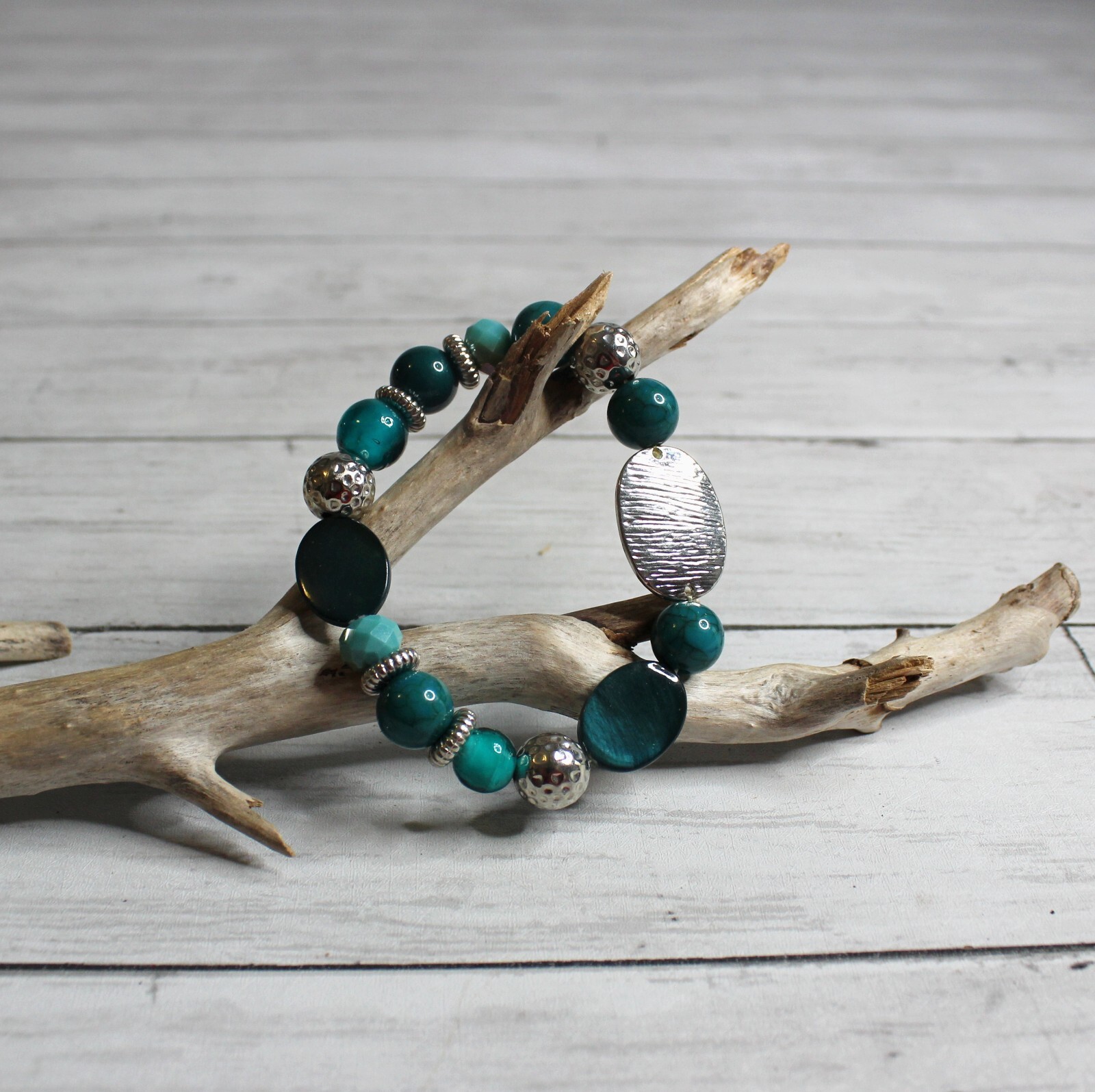 Handcrafted Women's Beaded Elastic Stretch Bracelet Artisan Jewelry Teal
