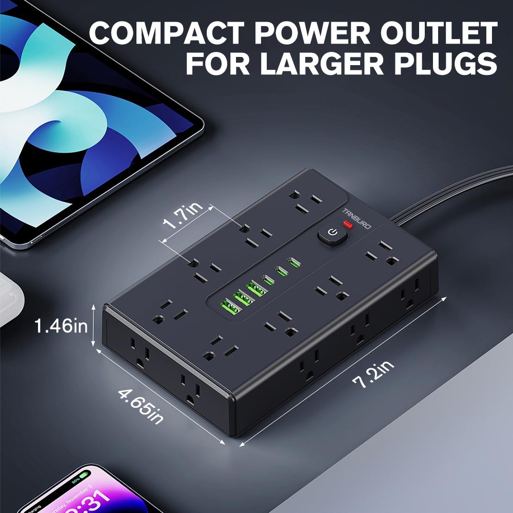 16 Outlets Power Strip USB C Type C Charger Surge Protector Flat Plug 6.5ft