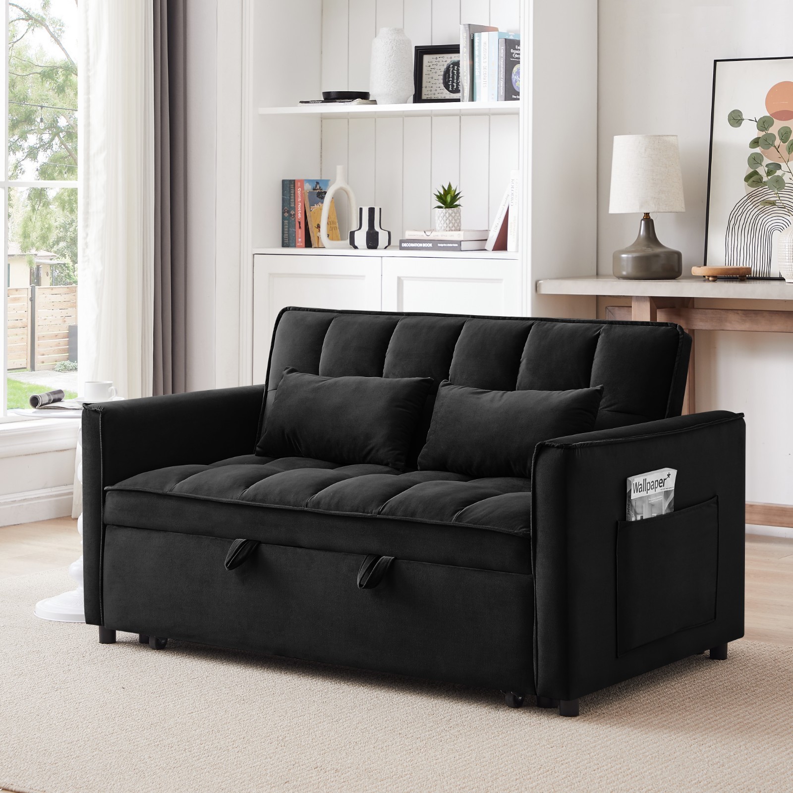 3 in 1 Modern Convertible Sleeper Sofa Bed Loveseat Couch for Small Spaces Black