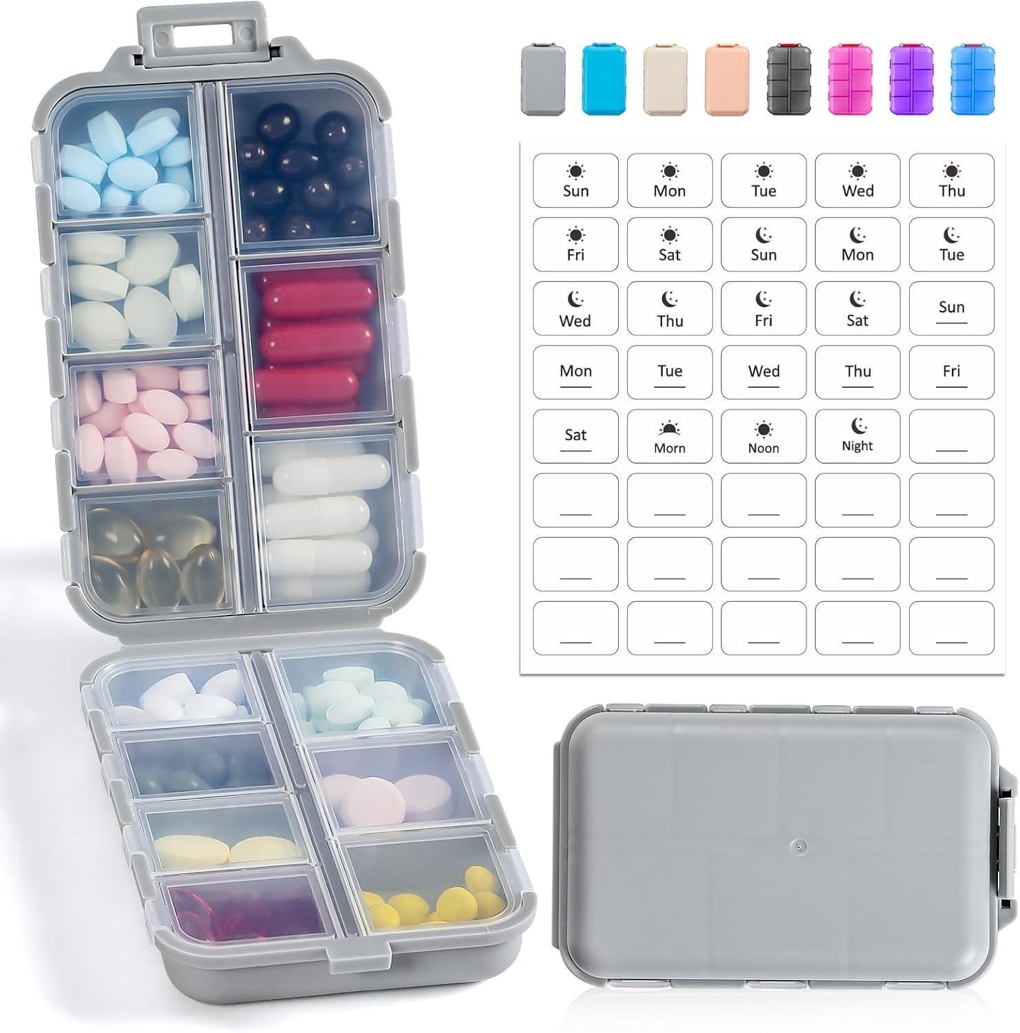 14 GRIDS Travel Pill Organizer Box with Labels - Travel Medicine Case Kit - Pock
