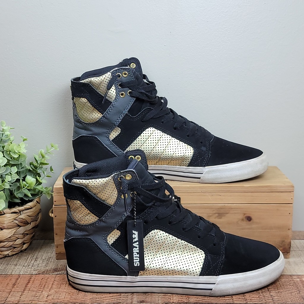 RARE Supra Skytop Athletic Lifestyle Black Perf Gold High Top Skate Shoes 9.5