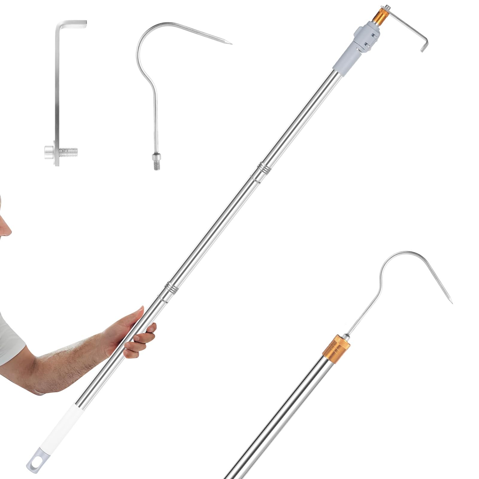 Truck Bed Cargo Grabber Tool 3470" Stainless Retrieval Pole with Hooks