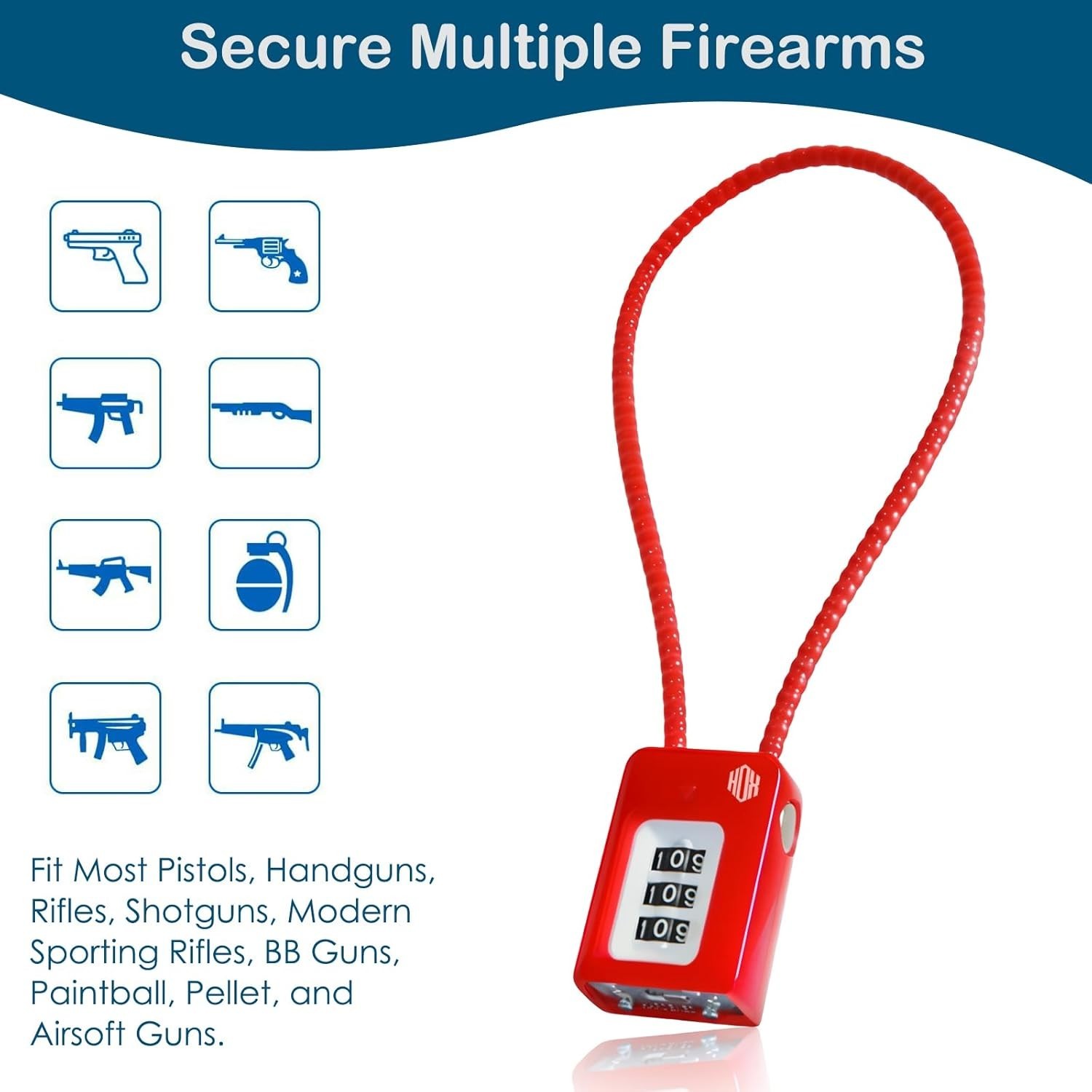 3-Digit Combination Gun Lock for Firearms, Home Safety Cable Lock