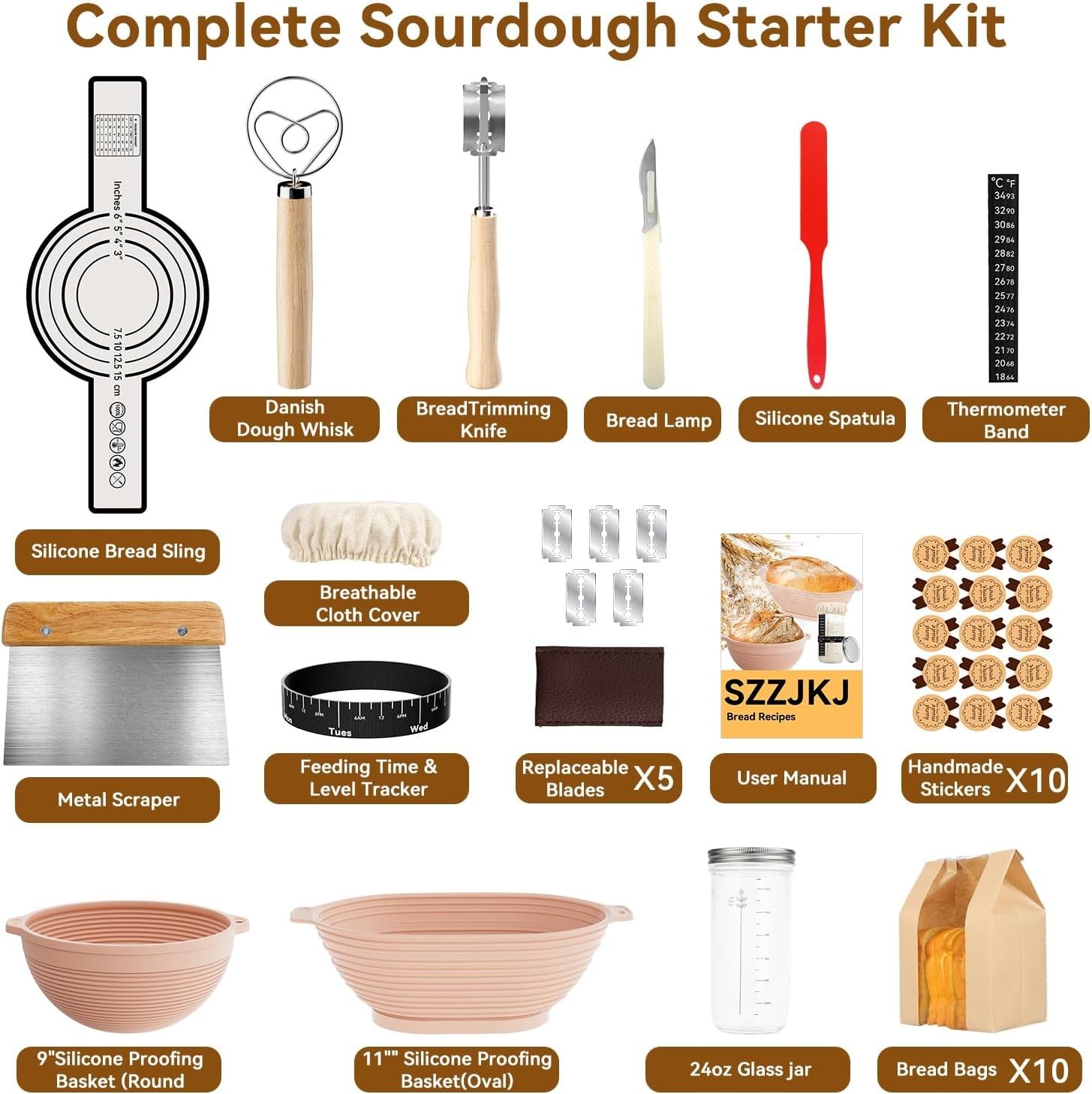 Sourdough Starter Kit Bread Proofing Baskets Scrapers Lame 24pcs