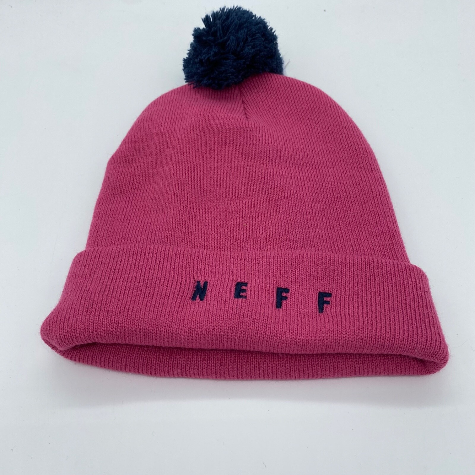 Neff Unisex Cuffed Winter Hat with Pom Warm Solid Pink Neff Logo One Size