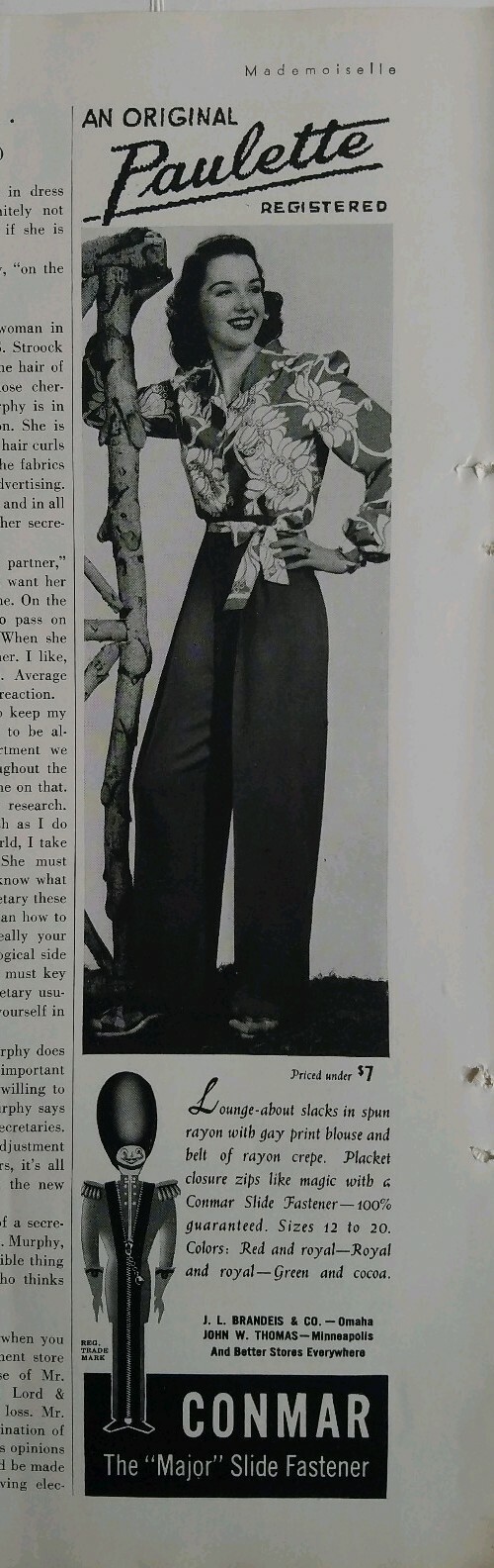 1941 women's Paulette clothing fashion Conmar Zipper slide fastener vintage ad