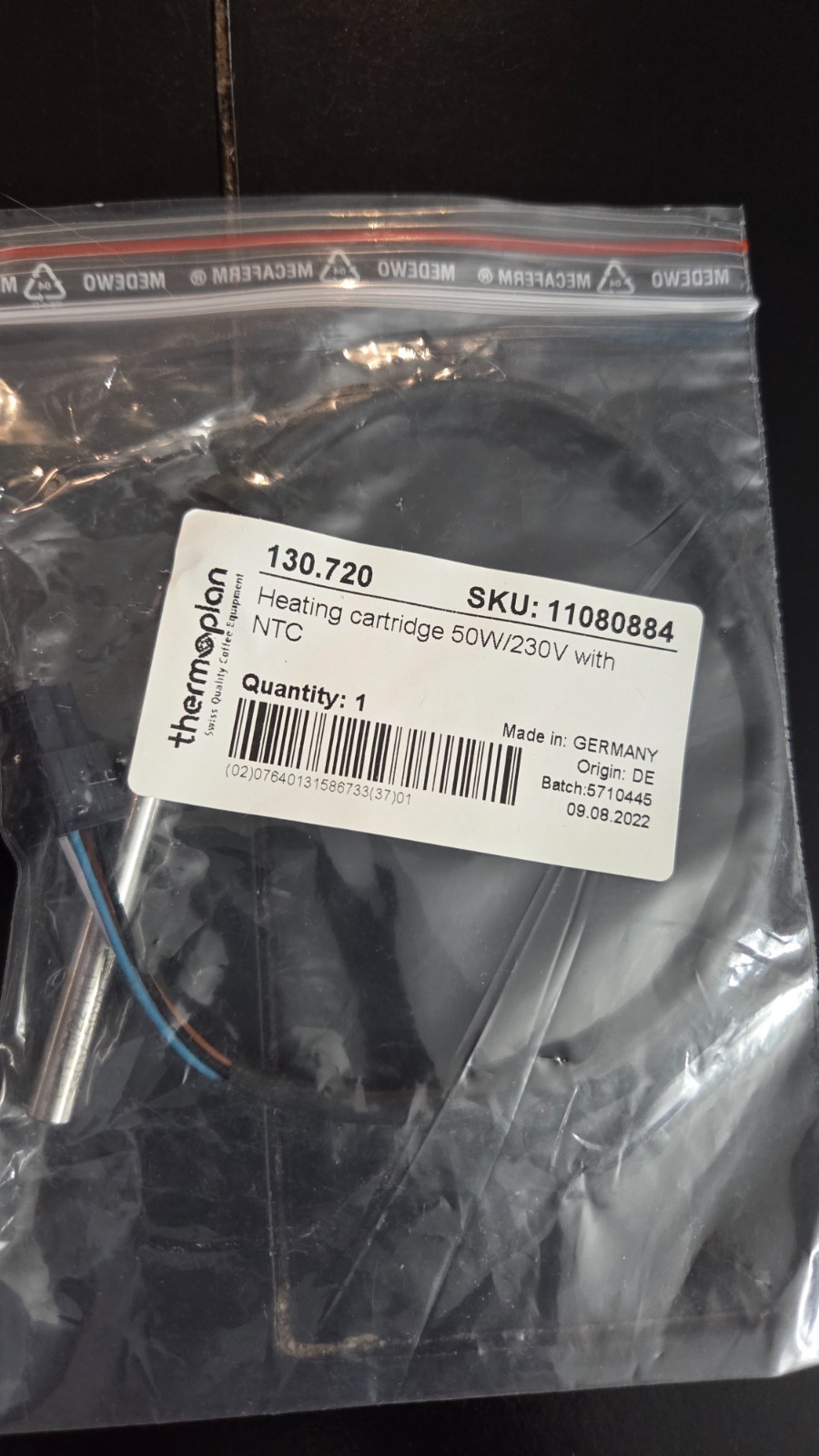 NEW - Thermoplan 130.720 Heating Cartridge 50W 230V with NTC SKU 11080884
