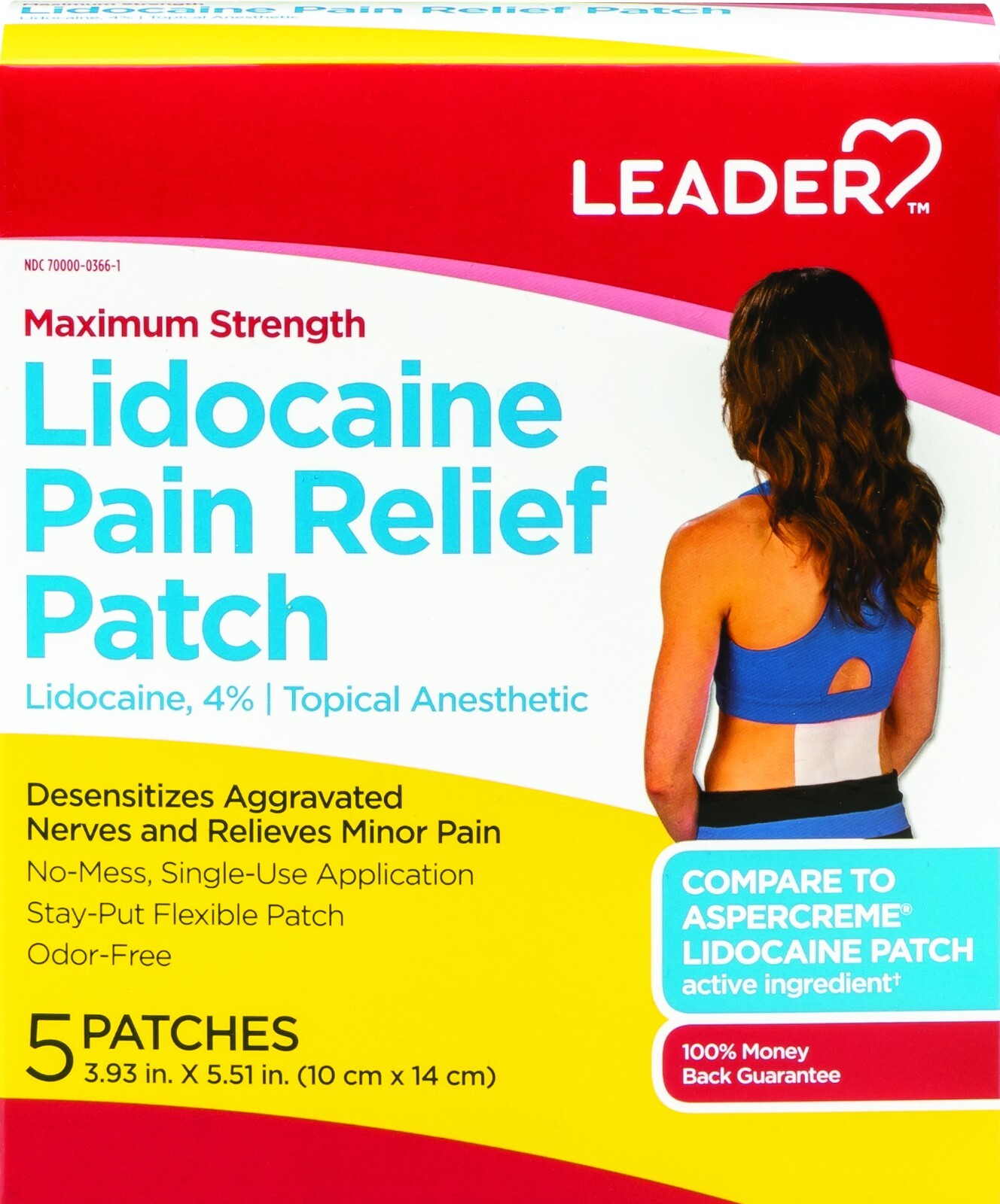 Leader Lidocaine 4% Pain Patches. (3.93 x 5.51 inches) 5 patches per Box. 1 Box.