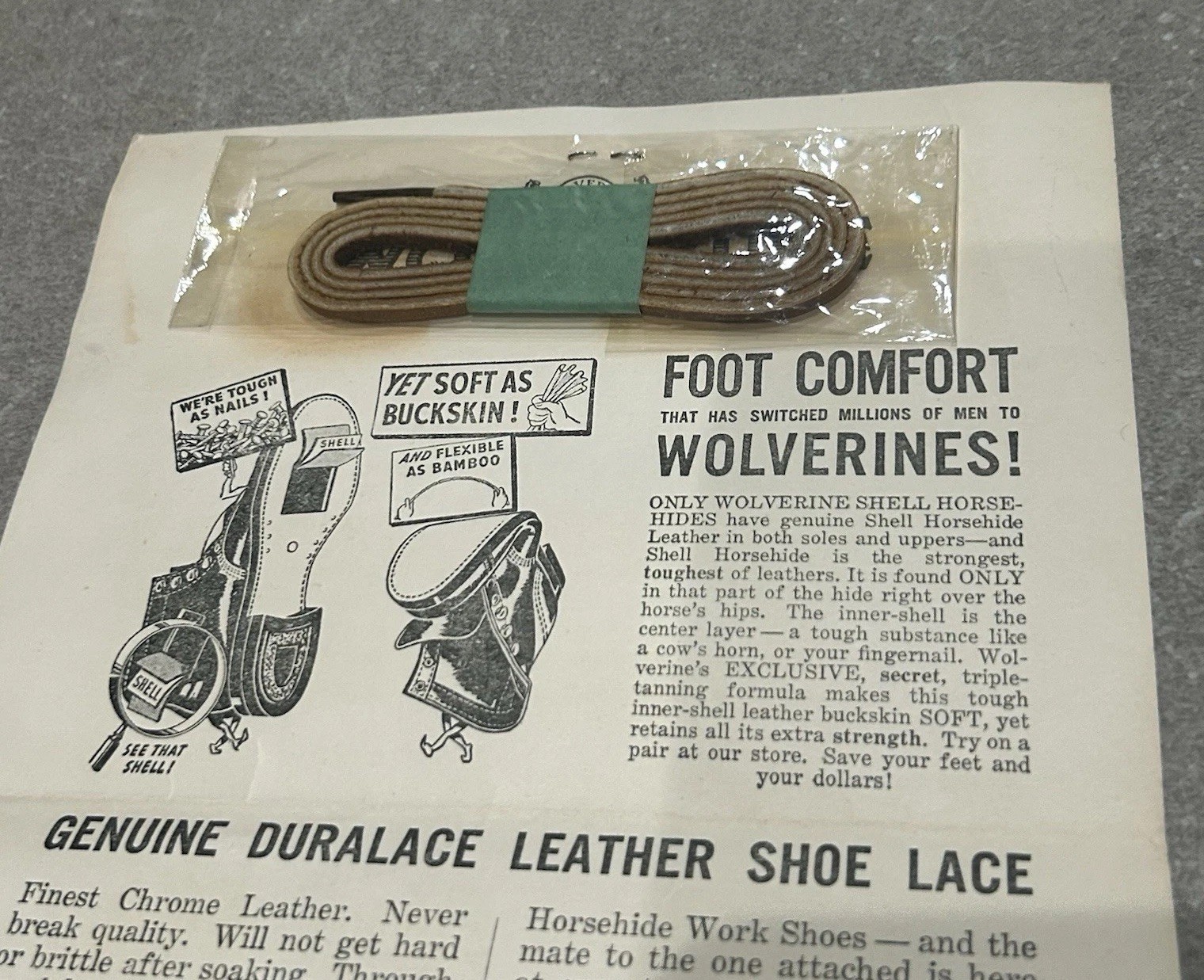 Vintage 1930s Advertisement Wolverine Shoe Laces Folder w/ Leather Lace NOS