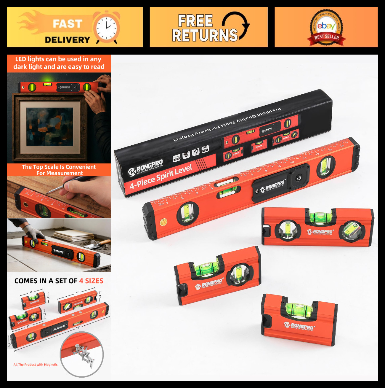 4-Piece Magnetic Torpedo Level Set - 16" Light Level, 7", 5", 4" with Bubbles