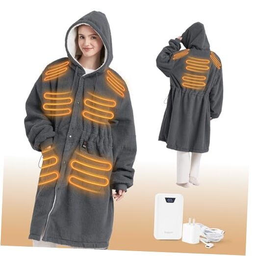 Portable Heated Wearable Blanket Hoodie - Faux Standard (22" x 43") 05 - Grey