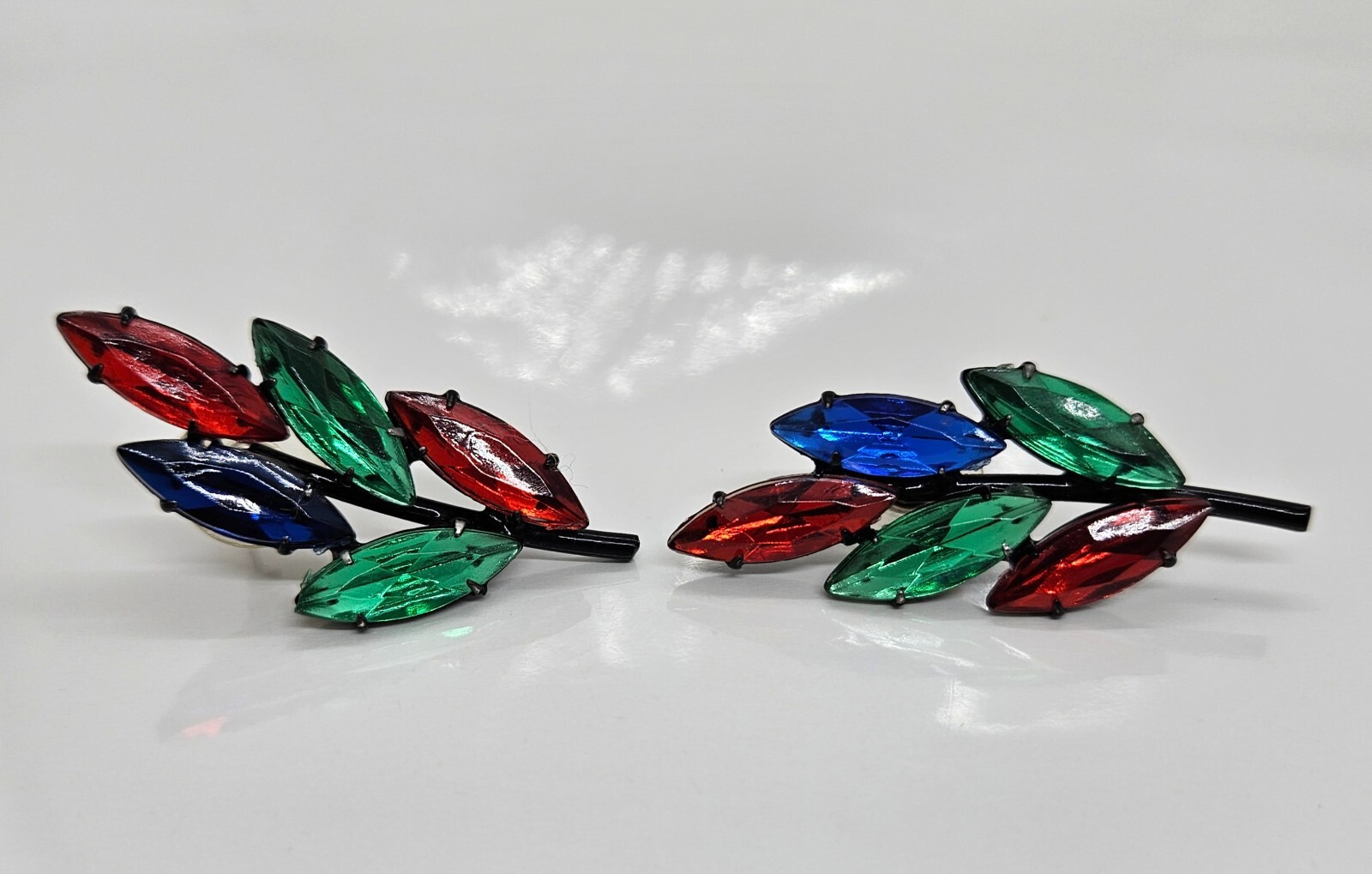Vintage Multicolored Rhinestone Pierced Earrings Leaf Shape 2"